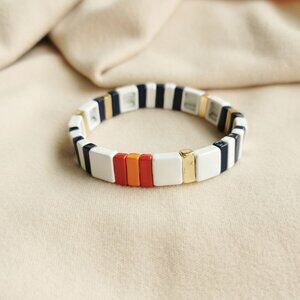 Roxanne Assoulin Project Stripe Navy White Enameled Stretch Bracelet Gold